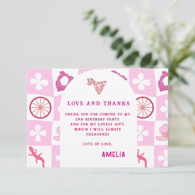 Cartão De Agradecimento Aniversário Xadrez de Cowgirl Rosa Personalizado (Em pé/Frente)