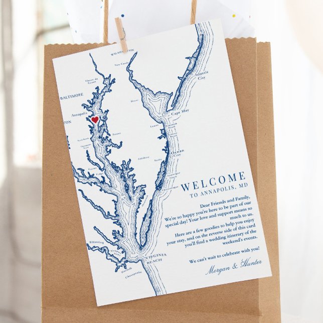 Cartão De Agradecimento Annapolis Chesapeake Bay Wedding Itinerário de Boa (These Chesapeake Bay Map wedding welcome letters include a schedule of events itinerary on the back)