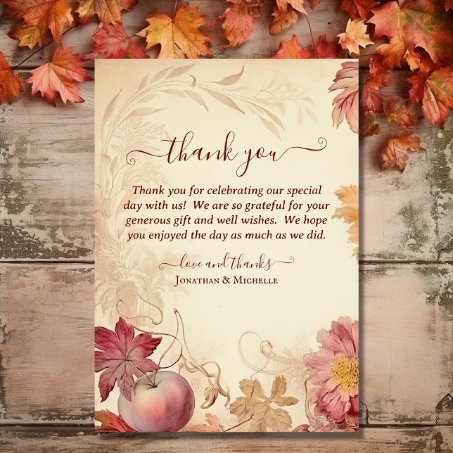 Cartão De Agradecimento Apaixonado Belo Casamento outono de outono (Front - Fall in Love Beautiful Autumn Vintage Fall Wedding Thank You Card)