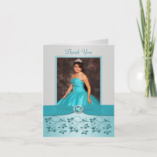 Cartão De Agradecimento Aqua and Silver Floral Thank You card with Photo