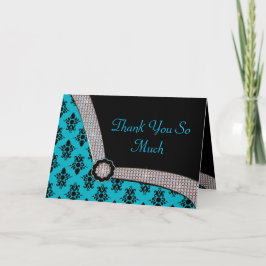 Cartão De Agradecimento Aqua Azul & Preto Damask Gem Brilho