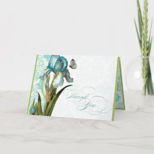 Cartão De Agradecimento Aqua Blue Iris Damask Quatrefoil Obrigado Nota