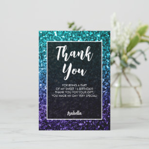 Cartão De Agradecimento Aqua blue ombre sparkles Sweet 16 elegant script