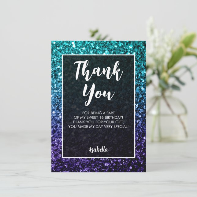Cartão De Agradecimento Aqua blue ombre sparkles Sweet 16 elegant script (Em pé/Frente)