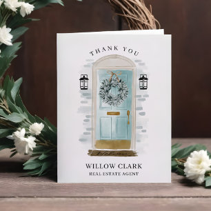 Cartão De Agradecimento Aqua Blue Watercolor Front Doy & Wreath Obrigado