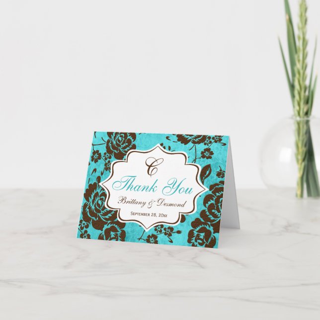 Cartão De Agradecimento Aqua Brown White Floral Damask Thank You Card (Frente)