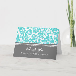 Cartão De Agradecimento Aqua Damask Bat Mitzvah Thank You Card