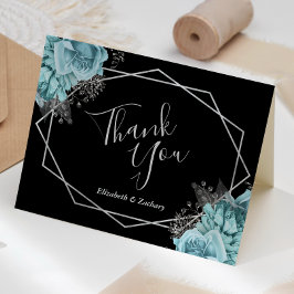 Cartão De Agradecimento Aqua Floral Silver Geometric Black Wedding