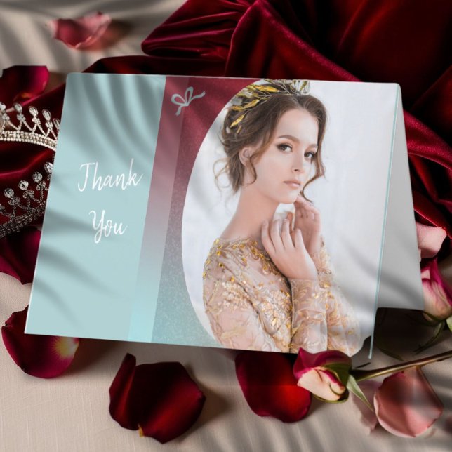 Cartão de Agradecimento Aqua Glitz Ruby Ombre (﻿﻿Ruby and turquoise ombre colors highlight this pageant thank you card with custom photo and text)