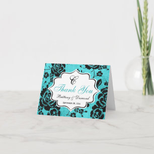 Cartão de Agradecimento Aqua Preto Floral Damask B