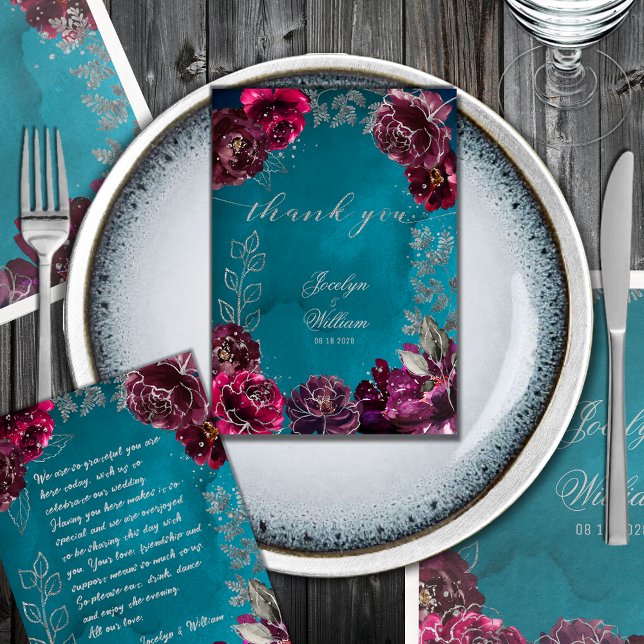 Cartão De Agradecimento Aqua Teal Merlot Jewel Tone Janta Casamento (Aqua Teal Merlot Jewel Tone Wedding Place Setting Thank You Card with heartfelt writing on the back)