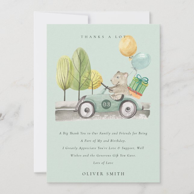 Cartão De Agradecimento Aqua verde-branca qualquer Ursinho de Festa de ani (Frente)