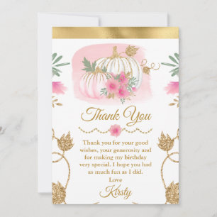 Cartão De Agradecimento Aquarela Abóbora Rosa Dourado Brilho Sweet 16