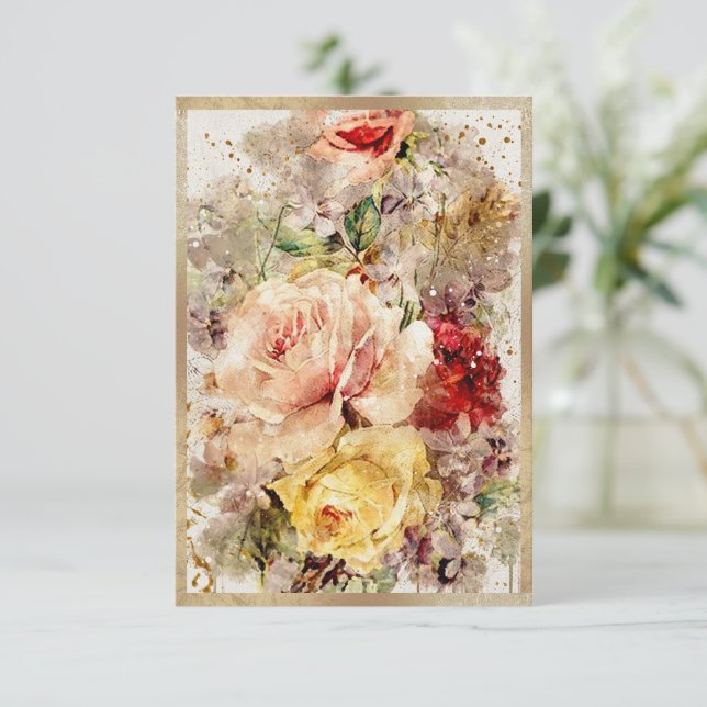 Cartão De Agradecimento Aquarela Abstrata Floral Dourada (Em pé/Frente)