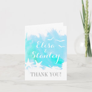 Cartão De Agradecimento Aquarela aqua, casamento na praia com estrelas do