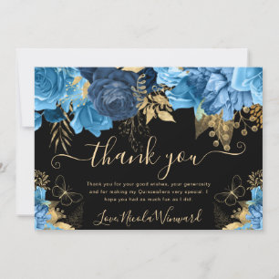 Cartão De Agradecimento Aquarela Azul e Dourado Flores Quinceanera