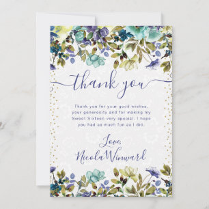 Cartão De Agradecimento Aquarela Azul Marinho e Flores Azuis Sweet 16