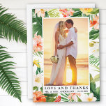 Cartão De Agradecimento Aquarela Coral Tropical Floral Amor e Obrigados<br><div class="desc">Elegante Watercolor Coral Tropical Floral,  Greenerescência e Palm Deixa Noiva e Amor e Obrigados Fotográficos de Casamento</div>