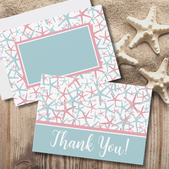 Cartão De Agradecimento Aquarela da Costa Marítima (Cute Typography Coastal Watercolor Starfish Beach Thank You Card)