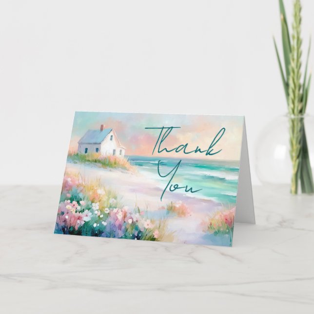 Cartão De Agradecimento Aquarela de Algodão Praia Pastel Watercolor (Frente)