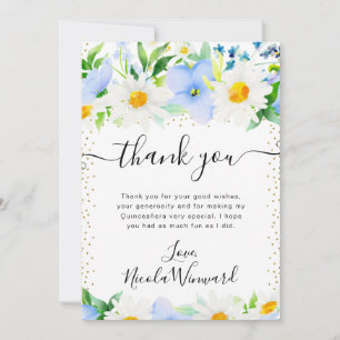 Cartão De Agradecimento Aquarela de Margaridas e Flores Azuis Quinceanera