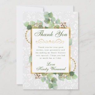 Cartão De Agradecimento Aquarela Eucalipto e Verde para uma Doce 16