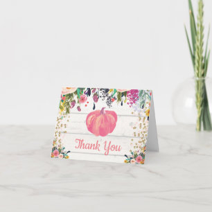 Cartão De Agradecimento Aquarela Floral Abóbora Rústica Rosa Dourado Brilh
