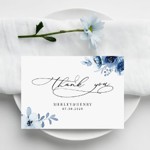 Cartão De Agradecimento Aquarela Floral Azul Poeirento Casamento Elegante