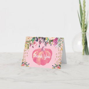 Cartão De Agradecimento Aquarela Floral Outono Abóbora Rosa Dourado Brilho
