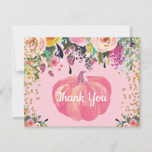 Cartão De Agradecimento Aquarela Floral Outono Abóbora Rosa Dourado Brilho