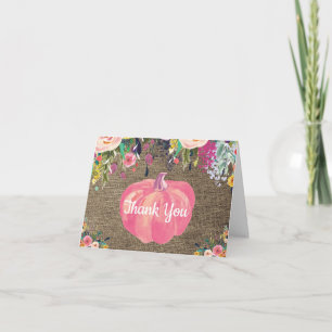 Cartão De Agradecimento Aquarela Floral Outono Rosa Abóbora Juta