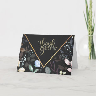 Cartão De Agradecimento Aquarela Floral Preto e Dourado Obrigado
