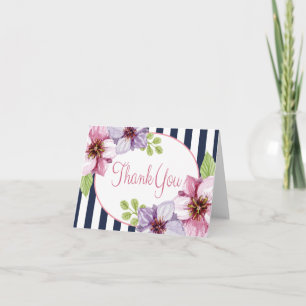 Cartão De Agradecimento Aquarela Floral Roxo Obrigada Listras Azuis