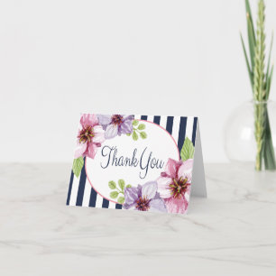 Cartão De Agradecimento Aquarela Floral Roxo Obrigado Listras Azuis
