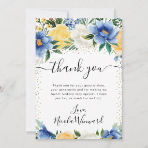 Cartão De Agradecimento Aquarela Flores Azuis e Amarelas Sweet 16