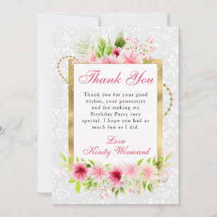 Cartão De Agradecimento Aquarela Flores Cor-de-Rosa de Verão Aniversário D
