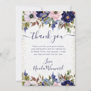 Cartão De Agradecimento Aquarela Flores de Aniversário Azul Marinho e Crem