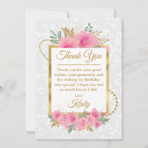 Cartão De Agradecimento Aquarela Flores Rosa Folha de Ouro Sweet Sixteen
