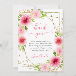 Cartão De Agradecimento Aquarela Flores Rosa Quadro Dourado Quinceanera