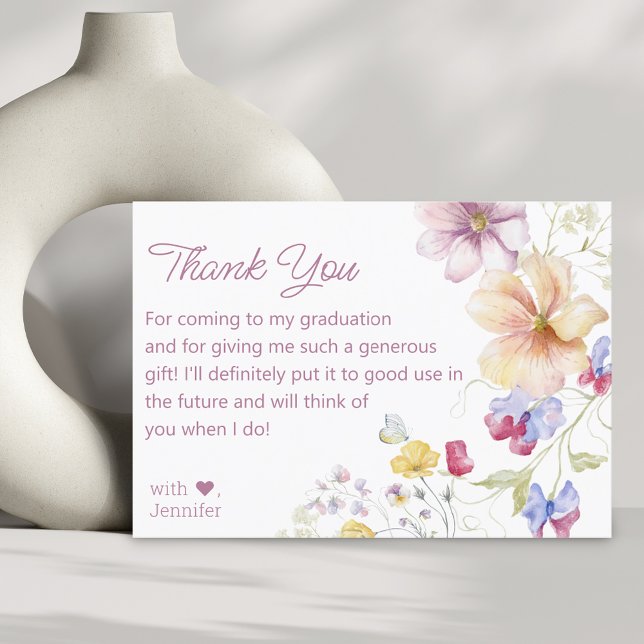 Cartão De Agradecimento aquarela flores silvestres graduação rosa script (Criador carregado)