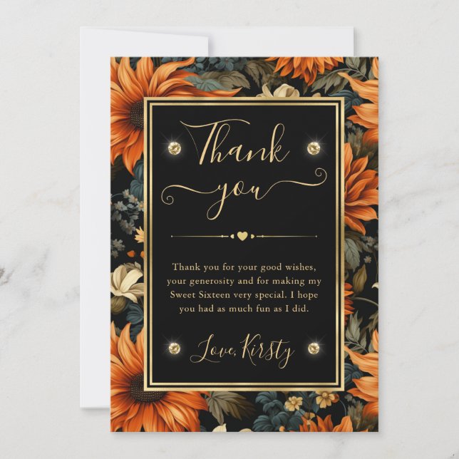 Cartão De Agradecimento Aquarela Laranja Marrom Folhas de Outono Sweet 16 (Frente)