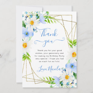 Cartão De Agradecimento Aquarela Margaridas Flores Azuis Quadro Aniversári