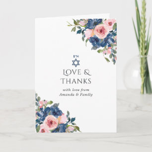 Cartão De Agradecimento Aquarela Naval e Foto de Bat Mitzvah Floral Rosa