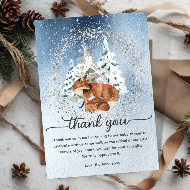 Cartão De Agradecimento Aquarela Neve Inverno Pinheiros Bebê Mama Fox (Criador carregado)