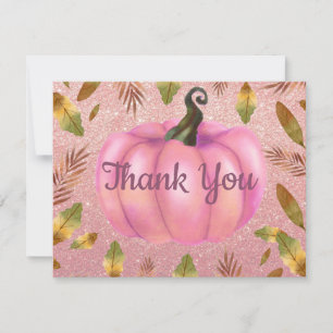 Cartão De Agradecimento Aquarela Outono Abóbora Rosa Dourado Brilho Rosa