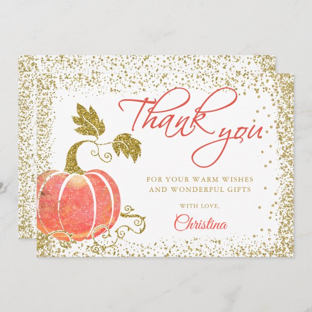 Cartão De Agradecimento Aquarela Pumpkin Dourada Gliter Queda Obrigado (Frente/Verso)