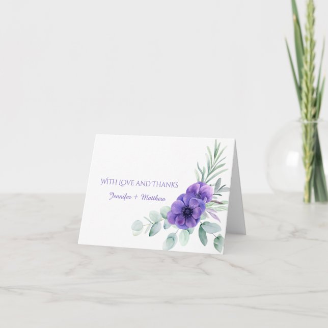 Cartão De Agradecimento Aquarela Púrpura Anêmona Greenerescente Obrigado (Frente)