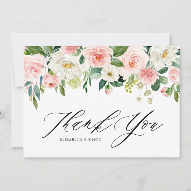 Cartão De Agradecimento Aquarela Rosa Pêssego Floral Garland Obrigado (Frente)