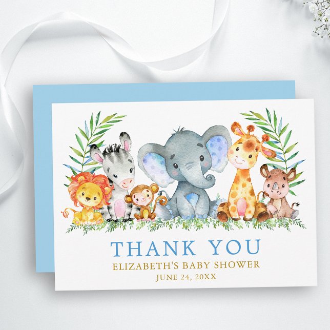 Cartão De Agradecimento Aquarela Safari Animais Chá de fraldas Azul Dourad (Customize to change text color, size, text style, add text to back or change color of back of card.)