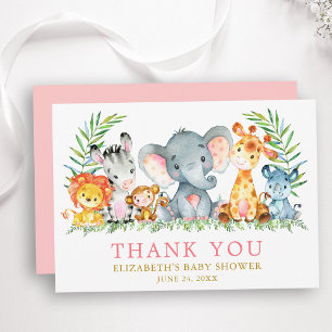 Cartão De Agradecimento Aquarela Safari Animais Chá de fraldas Rosa Doura